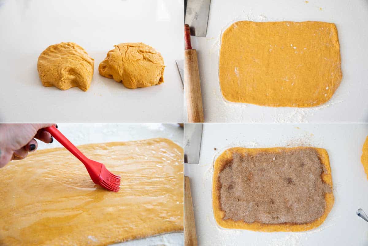 rolling out dough and filling with cinnamon mixture for cinnamon rolls