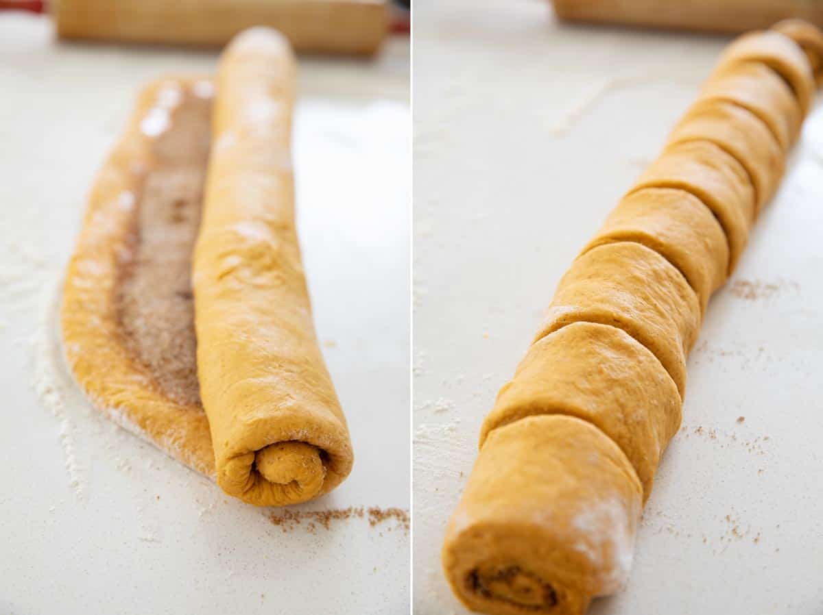 rolling and cutting pumpkin cinnamon rolls