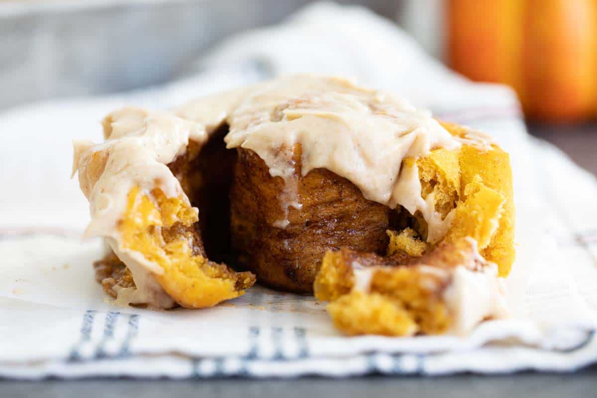 gooey center of cinnamon roll with frosting