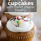 Pumpkin Cupcakes with Cream Cheese Frosting with text overlay