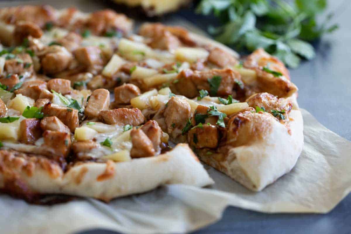 Teriyaki Chicken Pizza cut into slices