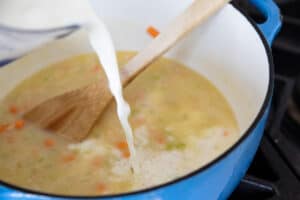 adding the liquid to Turkey Noodle Soup