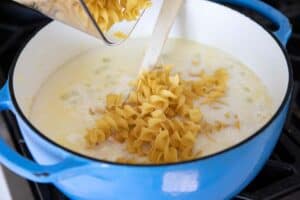 adding noodles to Creamy Turkey Noodle Soup