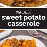 sweet potato casserole with brown sugar topping with text in the center