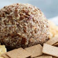 cheese ball coated in pecans surrounded by crackers