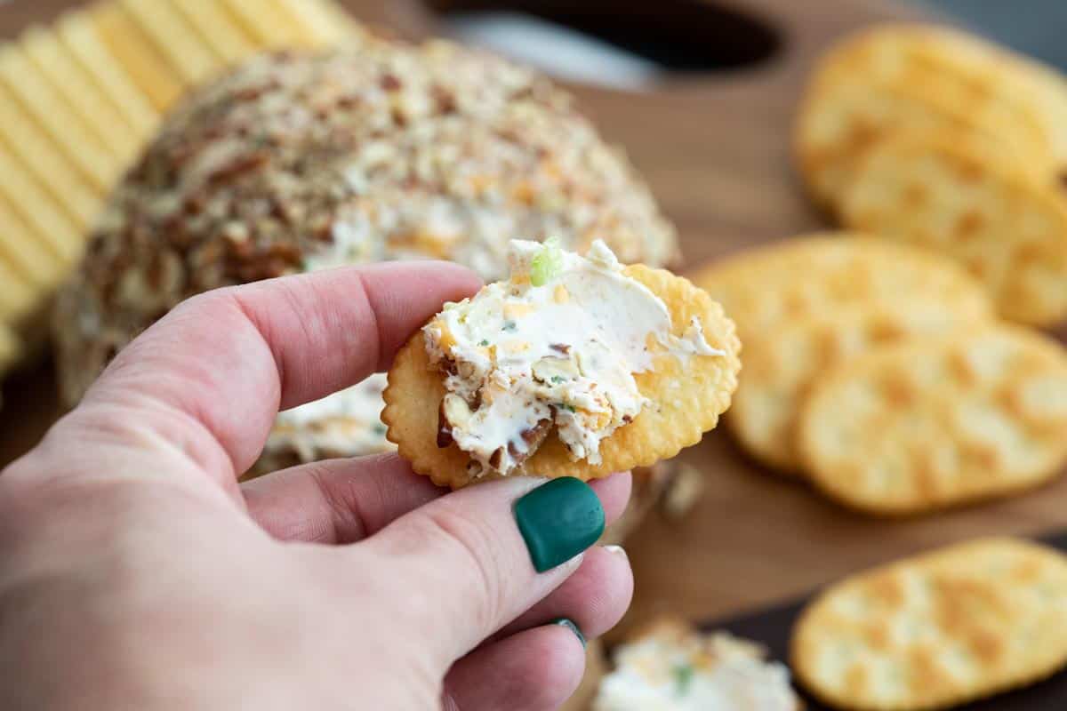 cheese ball spread on a cracker