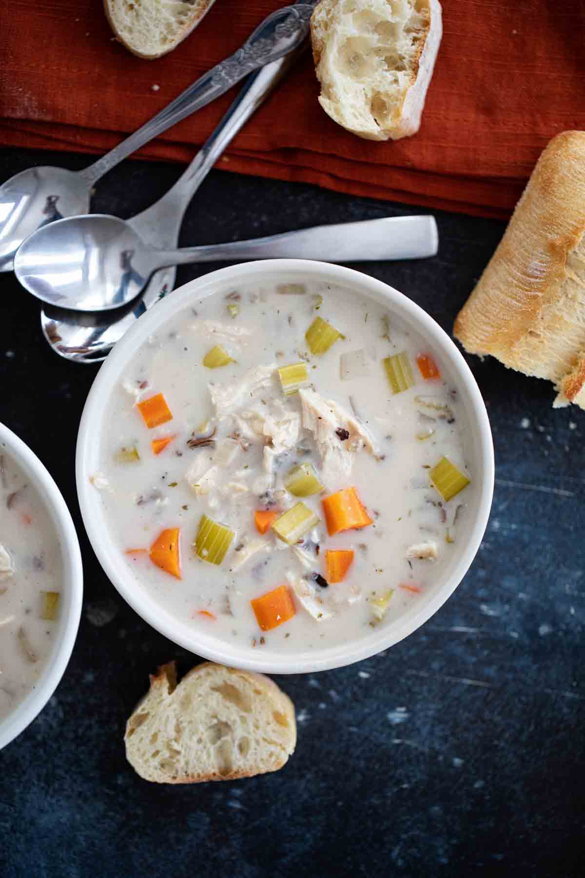 overhead view of Chicken Wild Rice Soup