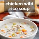 bowl of Chicken Wild Rice Soup with text overlay