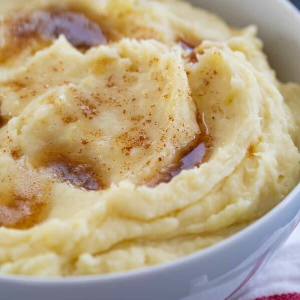 close up of mashed potatoes with brown butter