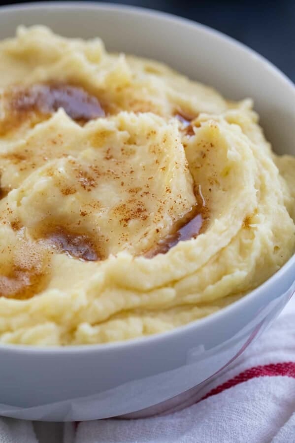 close up of mashed potatoes with brown butter