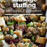 Sausage Stuffing with Apples and Cranberries with text overlay