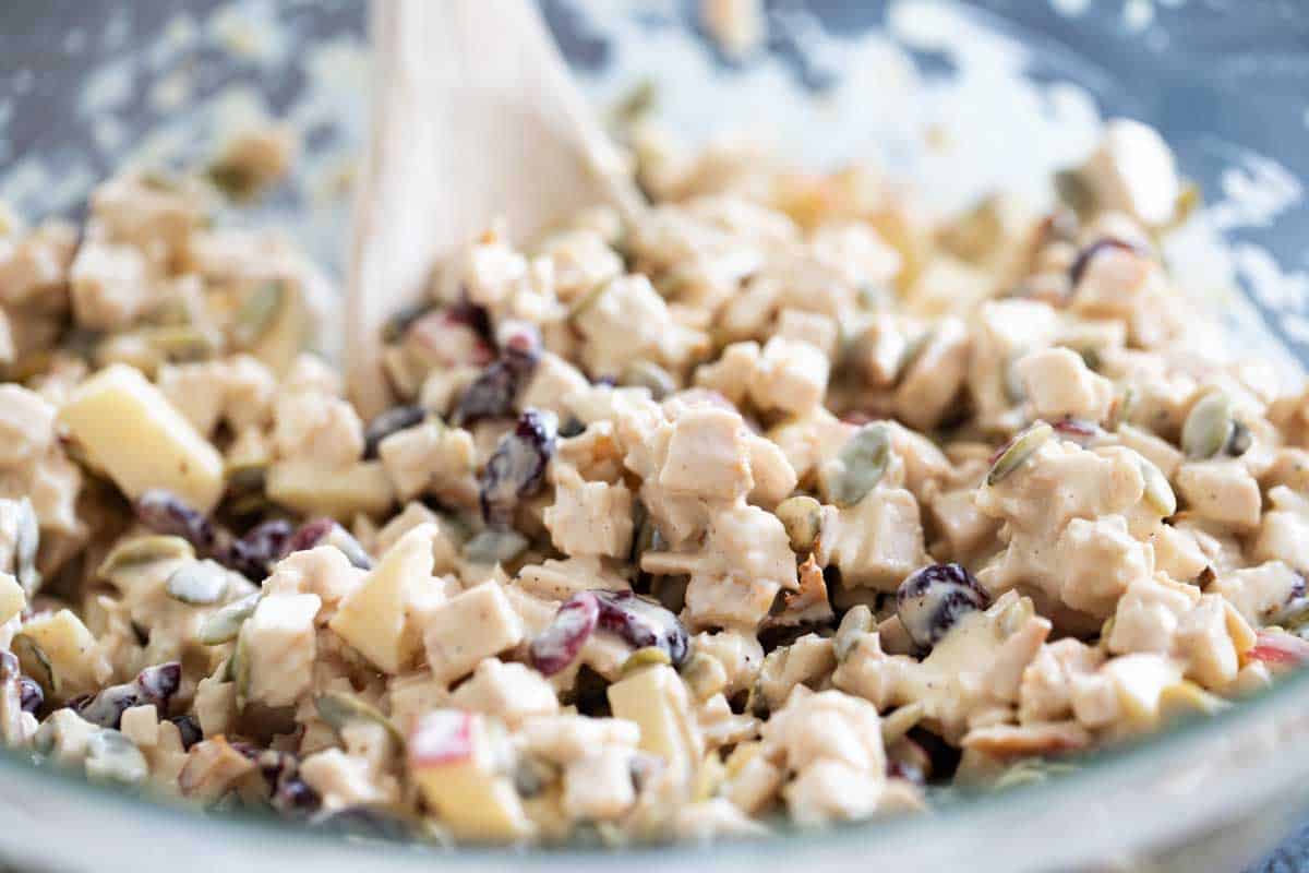 turkey salad mixed in a bowl