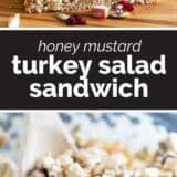 turkey salad sandwich with honey mustard with text in the center