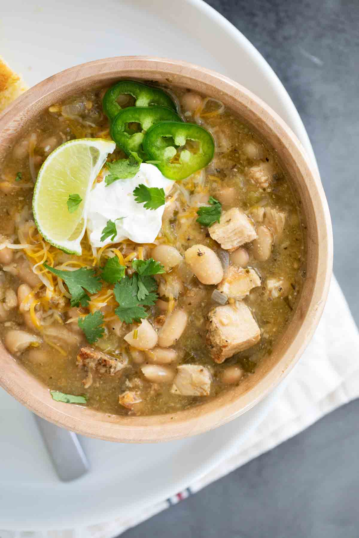 overhead view of white turkey chili