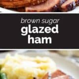 brown sugar glazed ham with text in the center