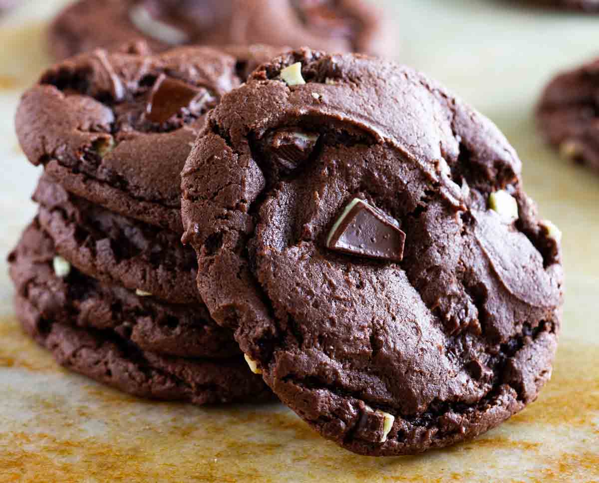 Cake mix cookies made with chocolate cake mix and andes mints