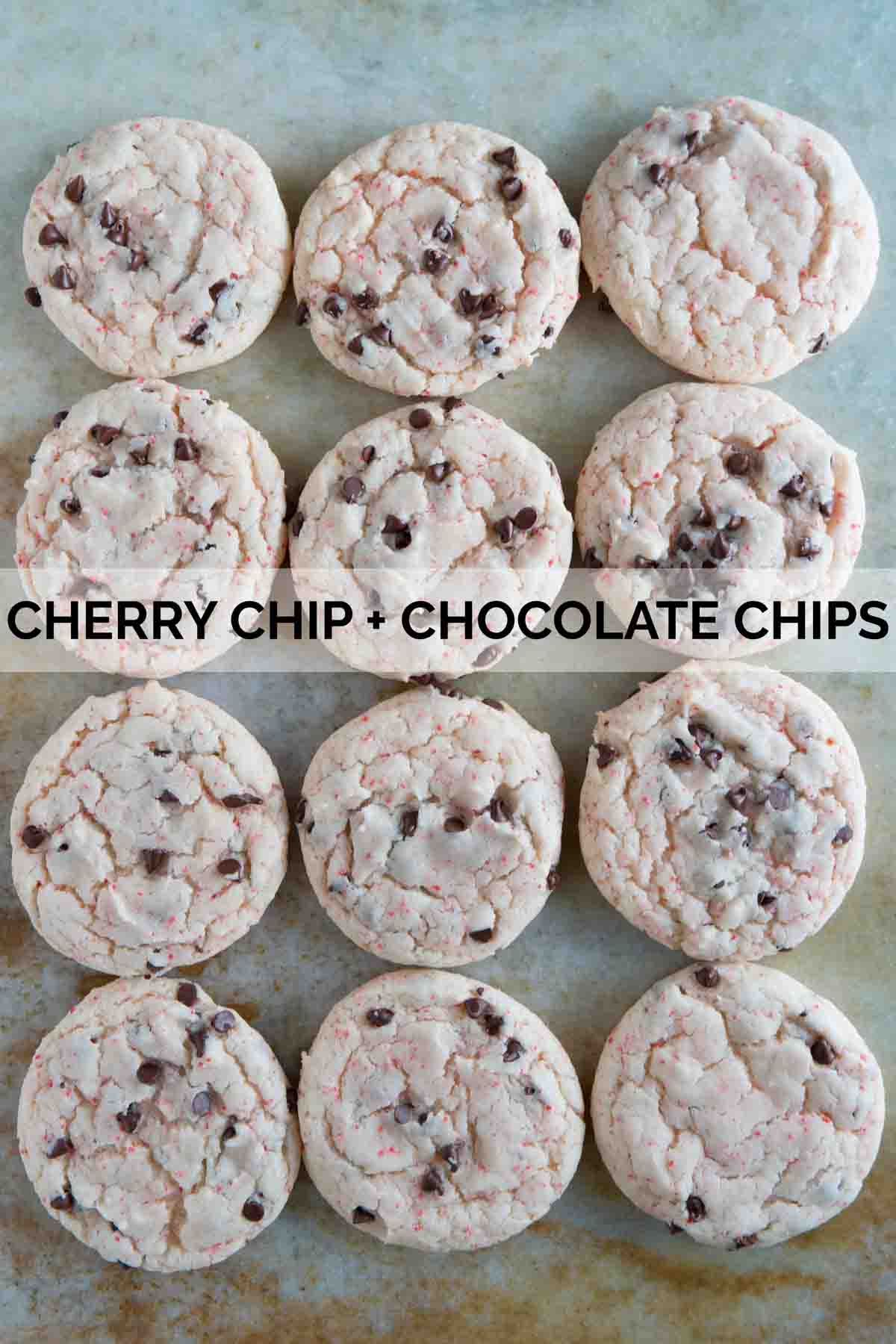Cake mix cookies made from cherry chip cake mix and chocolate chips