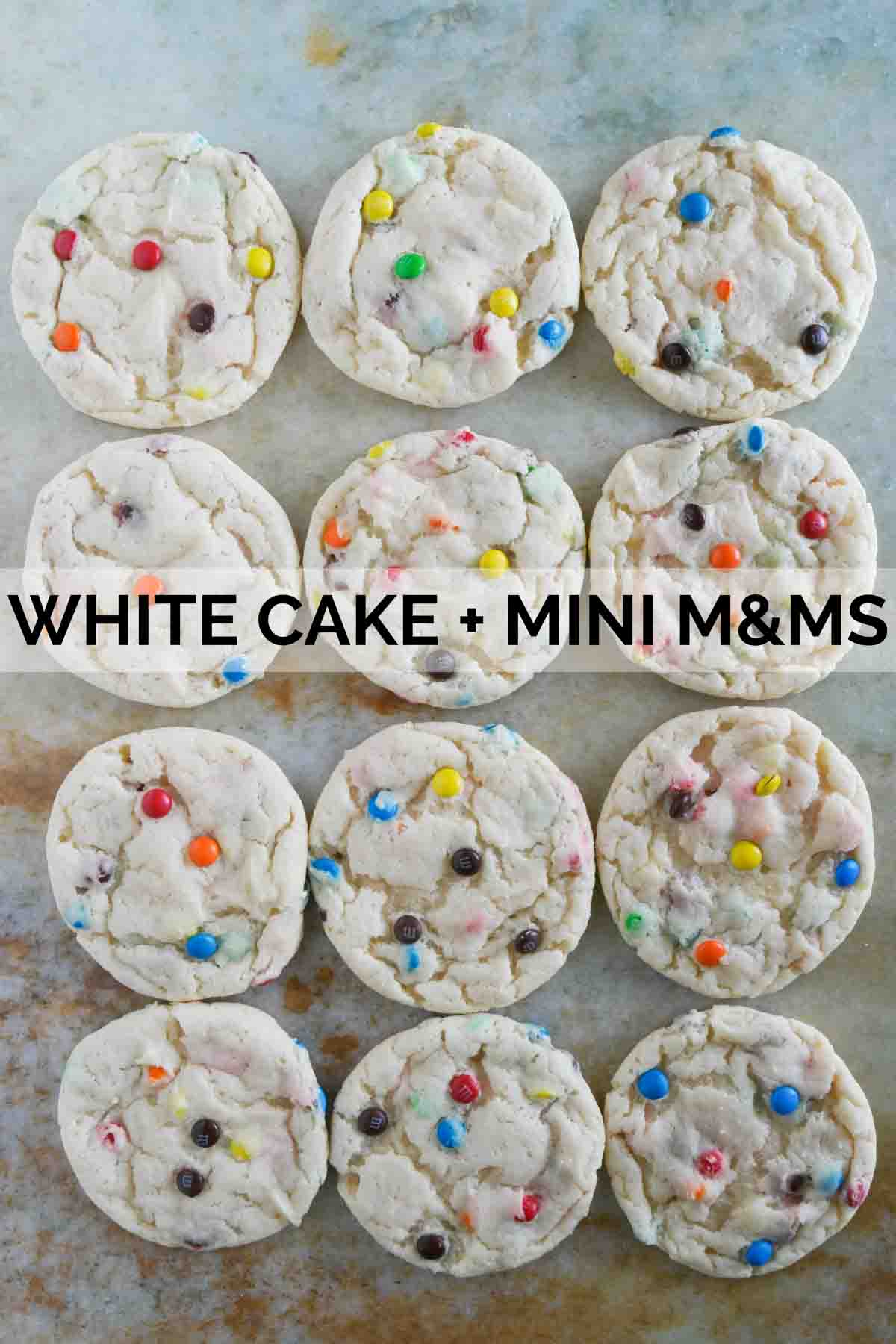 Cake mix cookies made from white cake mix and mini m and ms