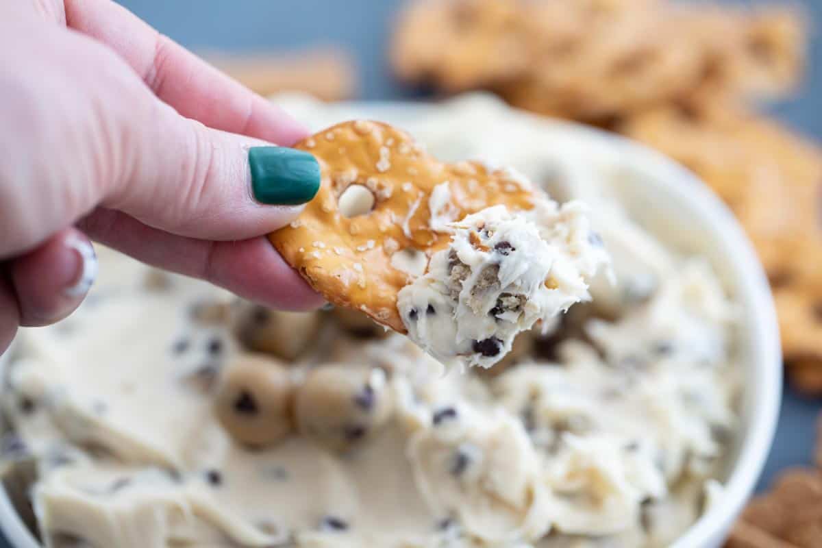 pretzel crisp with chocolate chip cookie dough dip