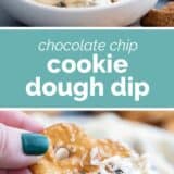 chocolate chip cookie dough dip with text in the center