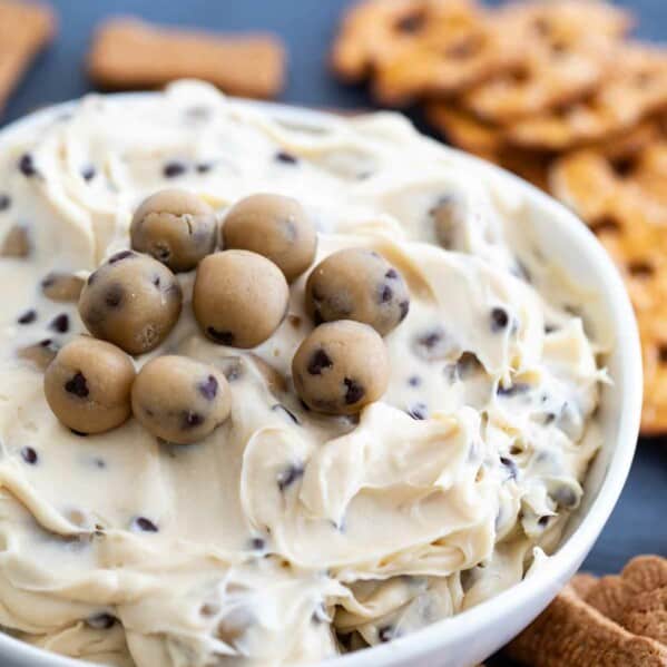 bowl of chocolate chip cookie dough dip with pretzels and graham crackers