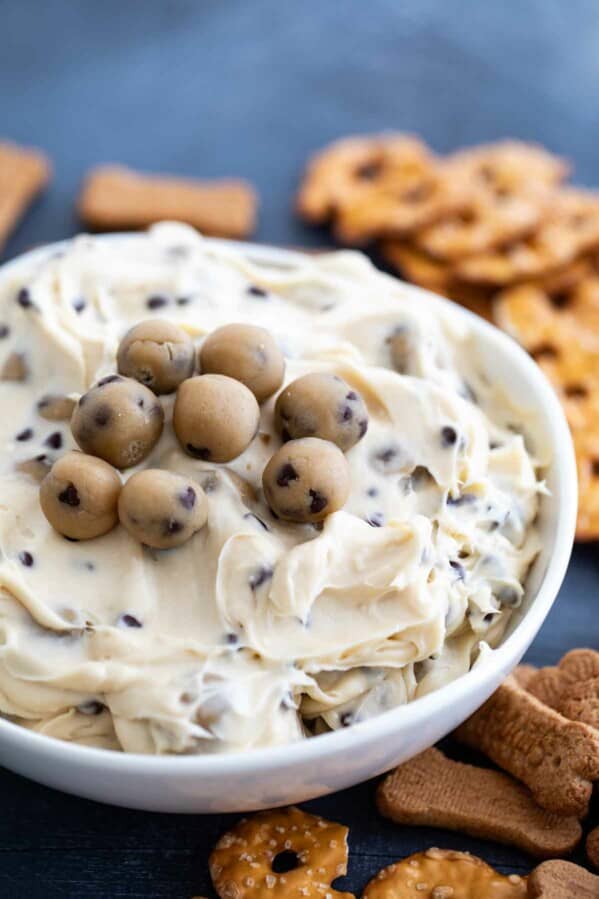 bowl of chocolate chip cookie dough dip with pretzels and graham crackers