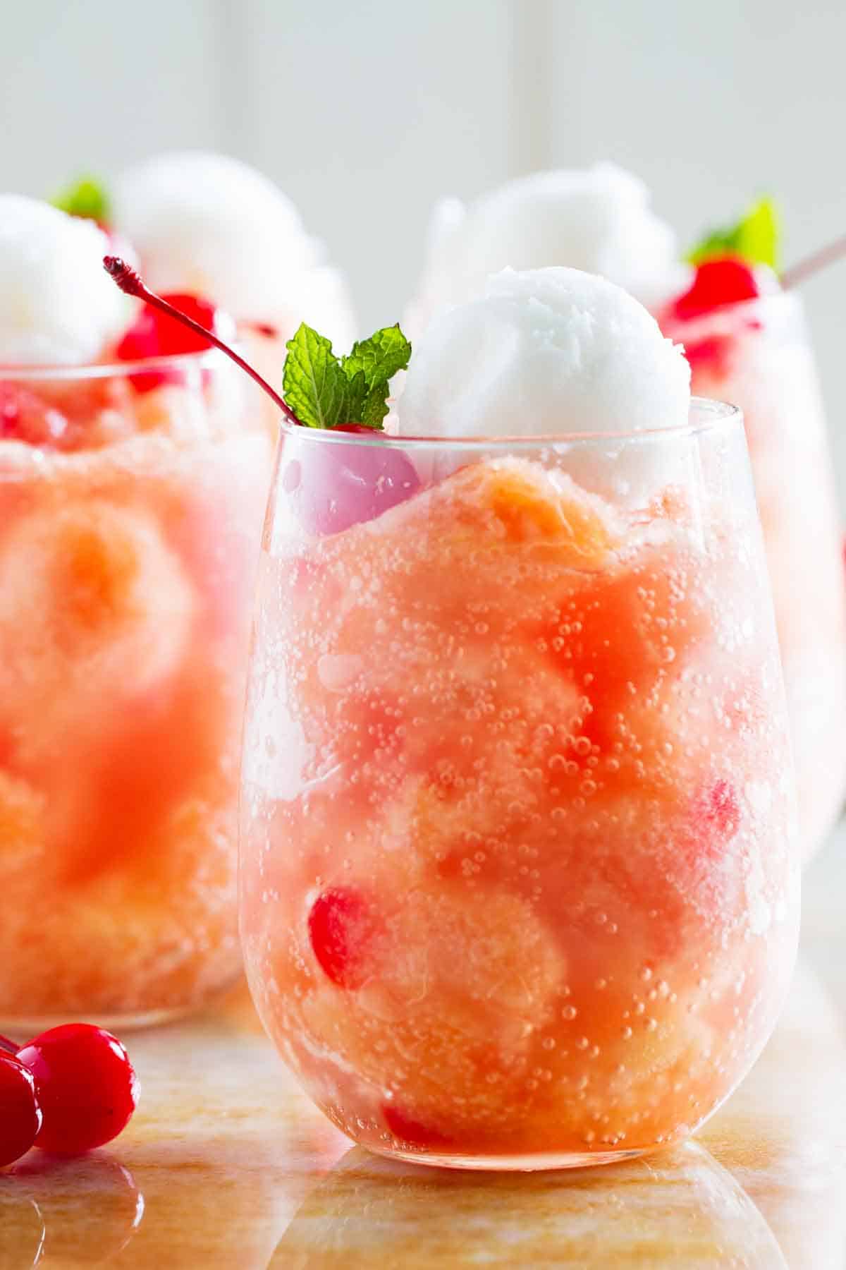 drink made with frozen fruit and topped with sorbet