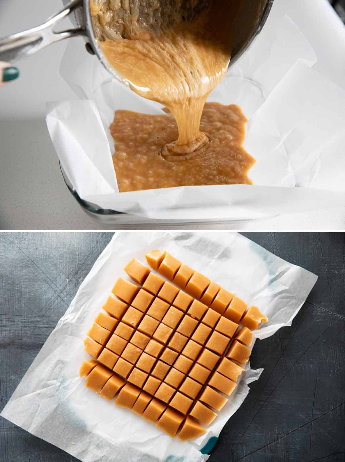 pouring hot caramel into a pan and cutting the caramels