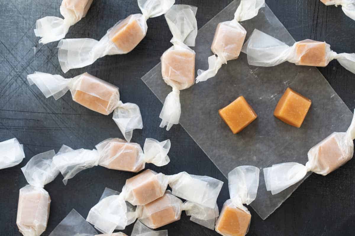 caramel candies wrapped in waxed paper