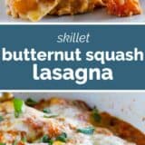 Skillet Butternut Squash Lasagna with text in the center