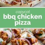 bbq chicken pizza with text in the center