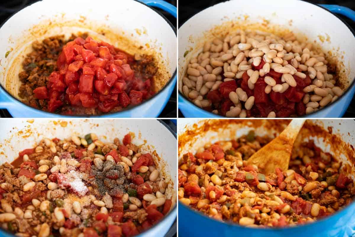 adding tomatoes and beans to ground turkey chili