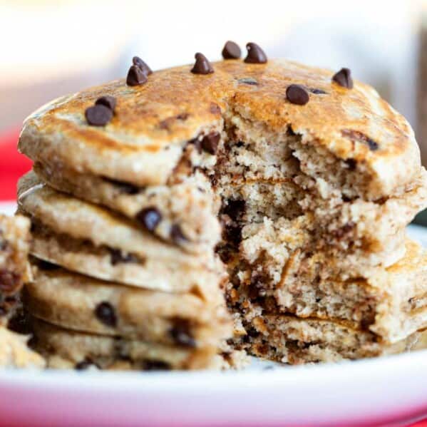 oatmeal pancakes with chocolate chips with a bite taken