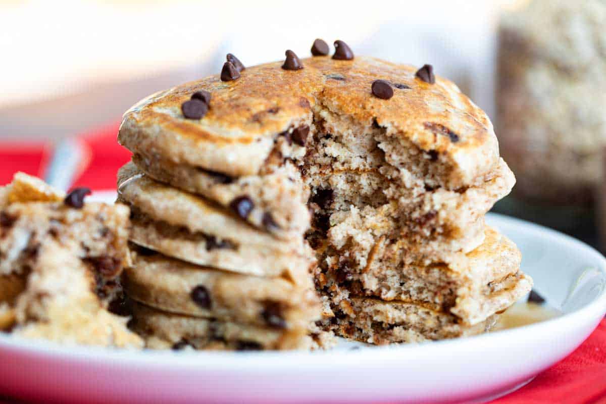 oatmeal pancakes with chocolate chips with a bite taken