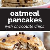 Oatmeal pancakes with chocolate chips with text in the center