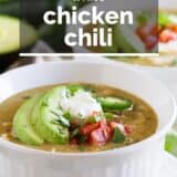 bowl of white chicken chili with toppings with text overlay