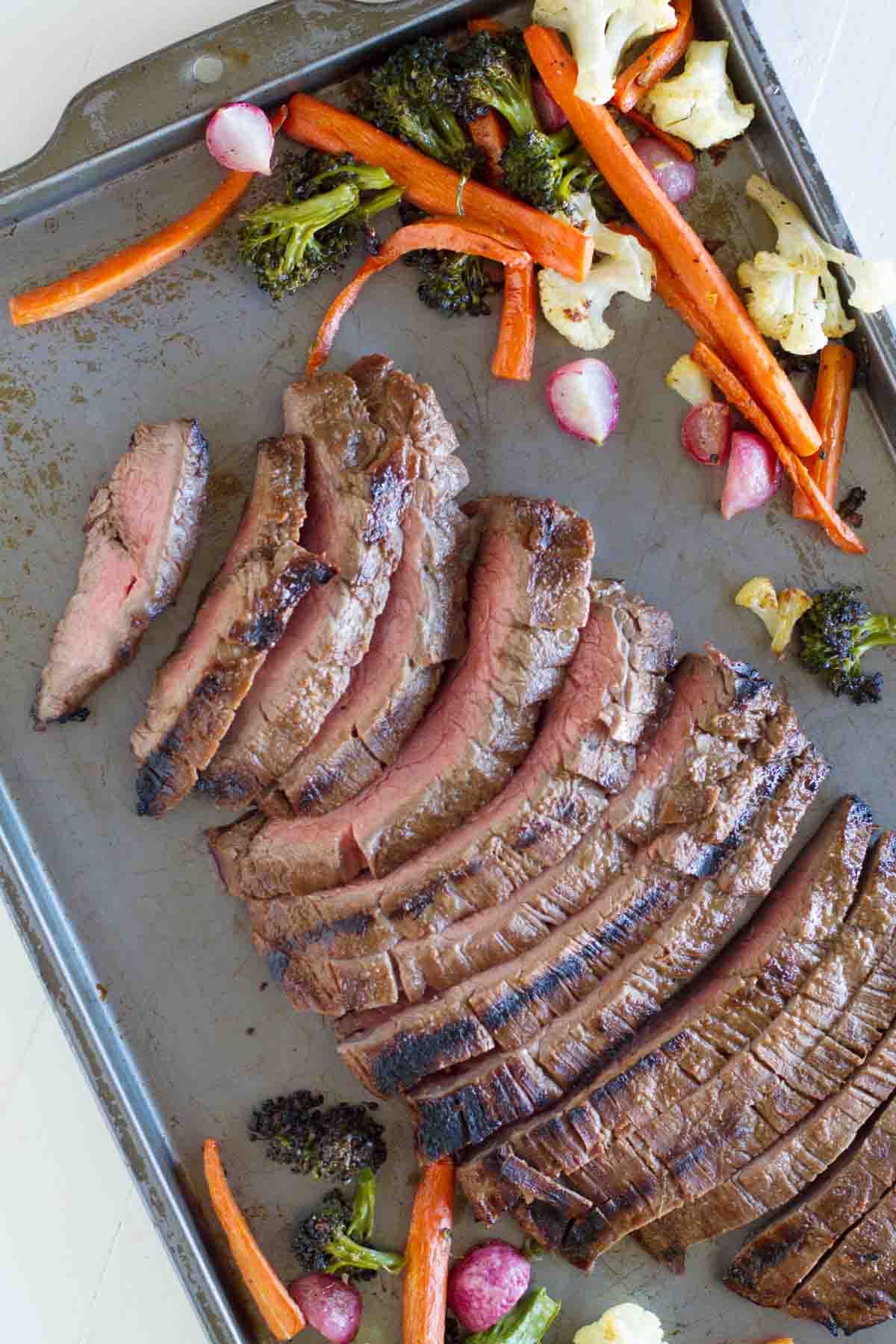 overhead view of balsamic grilled flank steak