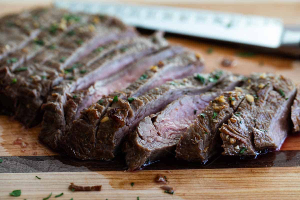 sliced flank steak on a cutting board