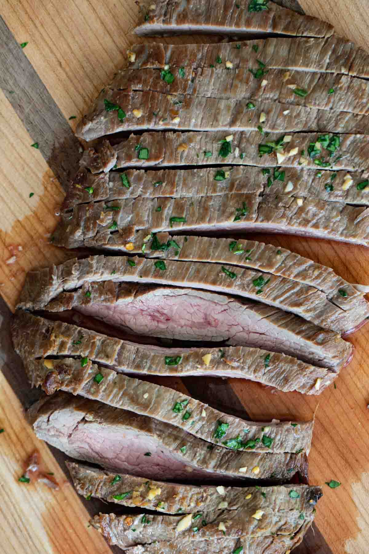 overhead view of sliced flank steak