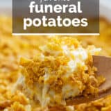 Funeral Potatoes with text overlay