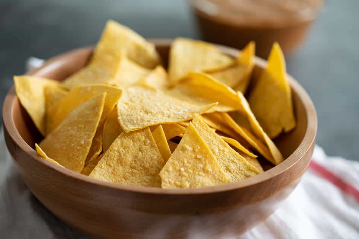 bowl of homemade tortilla chips in a bowl