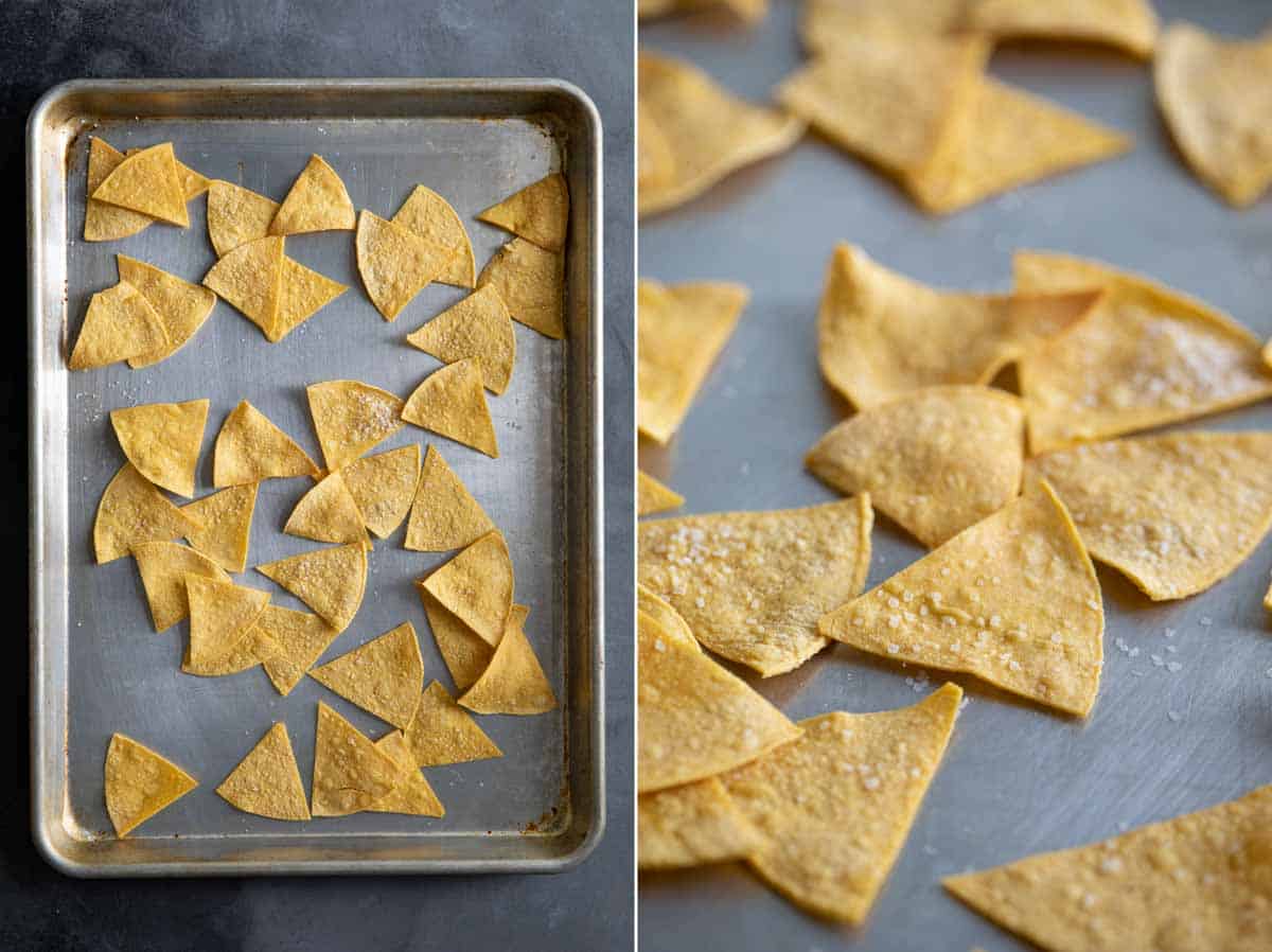 Crispy and salty, these Homemade Tortilla Chips are so easy to make and so much better for you than store bought. They are the perfect afternoon snack. homemade tortilla chips on a baking sheet