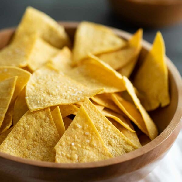 wooden bowl filled with homemade tortilla chips