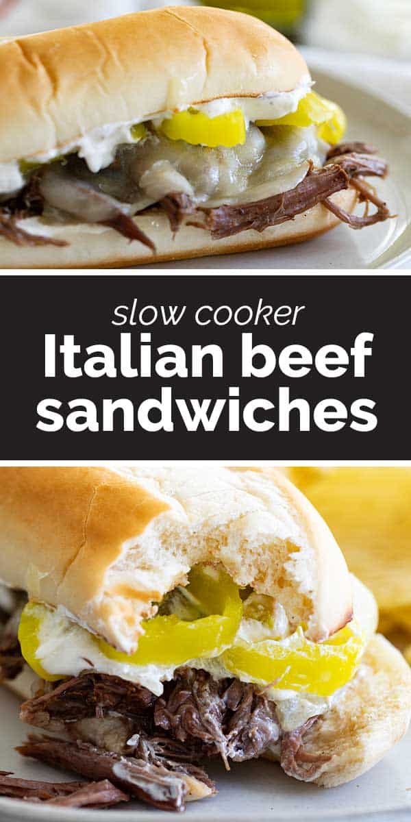 Italian Beef Sandwiches with text in the center