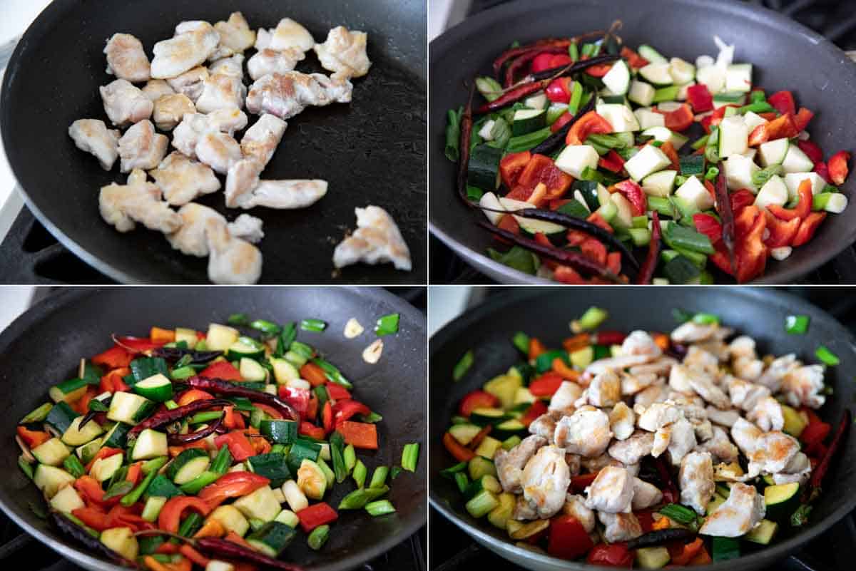 cooking chicken and vegetables for kung pao chicken