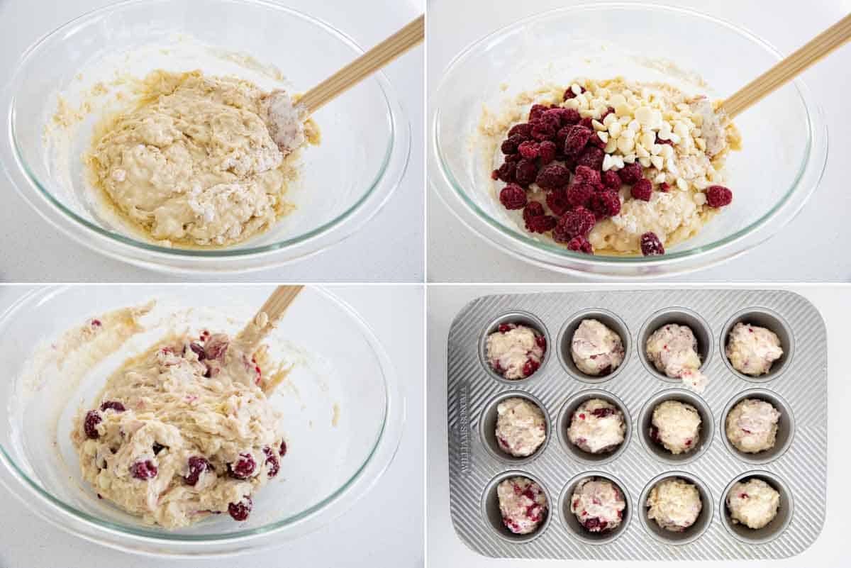 adding raspberries and white chocolate chips to muffins