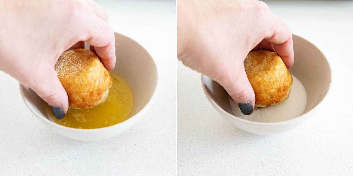 dipping the top of muffins in butter and sugar