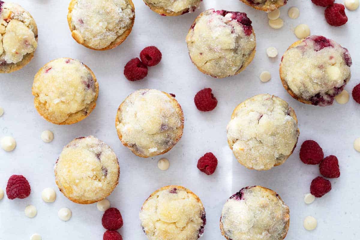 overhead view of muffins with raspberries and white chocolate chips