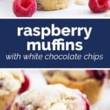 raspberry muffins with white chocolate chips with text in the center