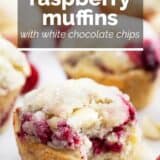 raspberry muffins with white chocolate chips with text overlay